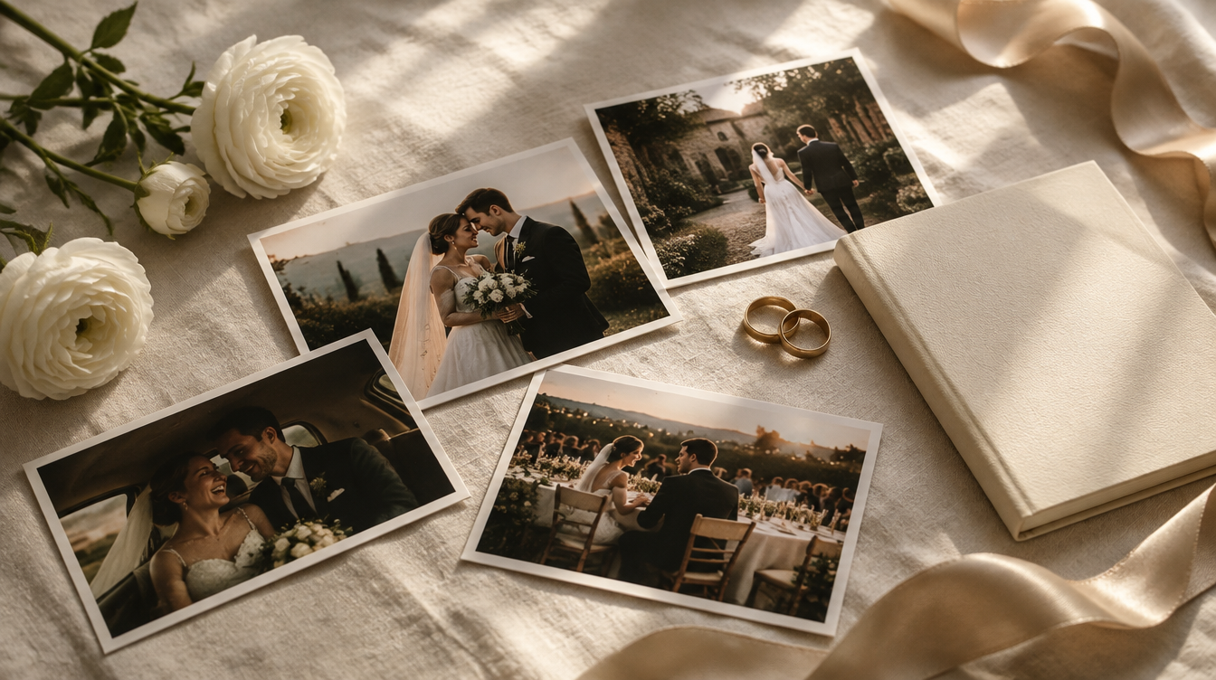 Wedding photographs, gold rings, and a vow booklet arranged on ivory linen.